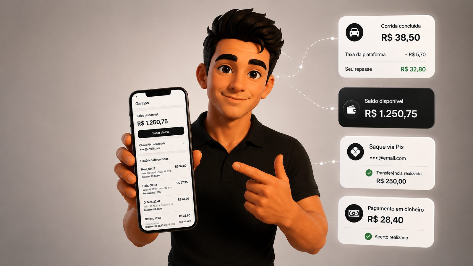 Tela de Ganhos do Velo: saldo disponível, saque via Pix e histórico de corridas com valor, taxa e repasse